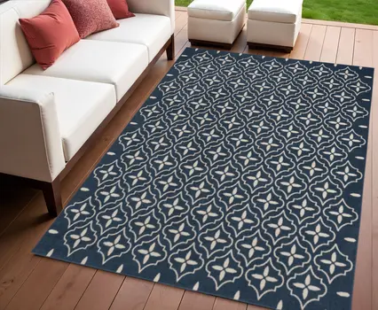 4' X 6' Navy Blue And Ivory Geometric Indoor Outdoor Area Rug