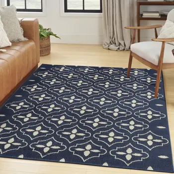 4' X 6' Navy Blue And Ivory Geometric Indoor Outdoor Area Rug