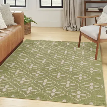 4' X 6' Green And Ivory Geometric Indoor Outdoor Area Rug