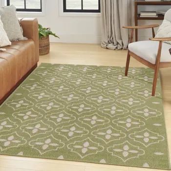 4' X 6' Green And Ivory Geometric Indoor Outdoor Area Rug