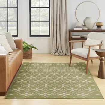 4' X 6' Green And Ivory Geometric Indoor Outdoor Area Rug