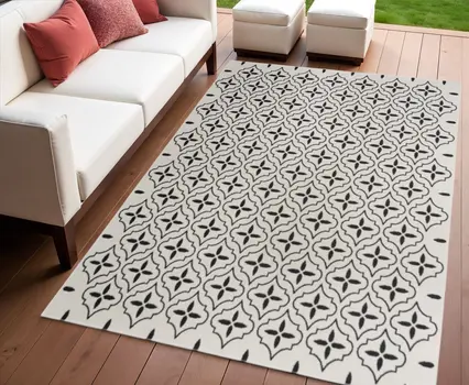 4' X 6' Ivory And Black Geometric Indoor Outdoor Area Rug