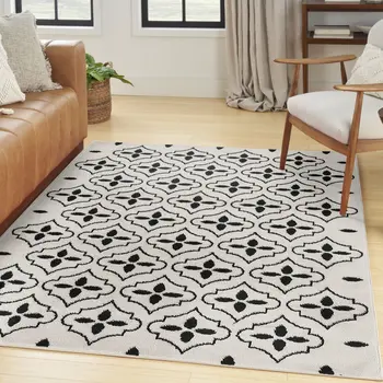4' X 6' Ivory And Black Geometric Indoor Outdoor Area Rug