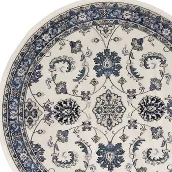 8' Ivory And Blue Round Floral Indoor Outdoor Area Rug