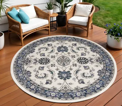 8' Ivory And Blue Round Floral Indoor Outdoor Area Rug