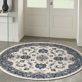 8' Ivory And Blue Round Floral Indoor Outdoor Area Rug