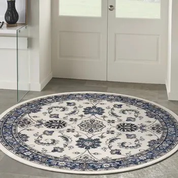 8' Ivory And Blue Round Floral Indoor Outdoor Area Rug