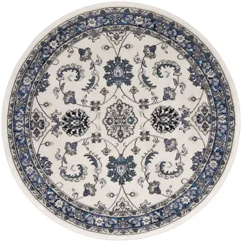 8' Ivory And Blue Round Floral Indoor Outdoor Area Rug