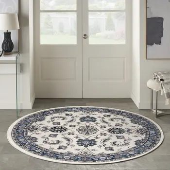 8' Ivory And Blue Round Floral Indoor Outdoor Area Rug