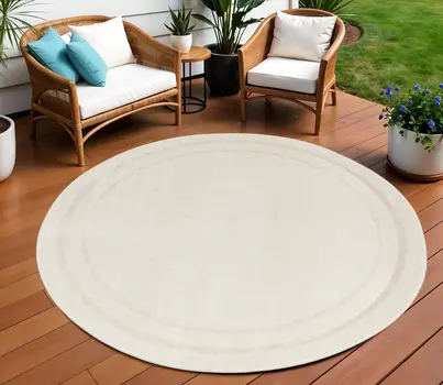 8' Ivory And Gold Round Indoor Outdoor Area Rug