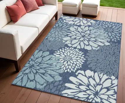4' X 6' Navy Blue Floral Indoor Outdoor Area Rug
