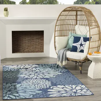4' X 6' Navy Blue Floral Indoor Outdoor Area Rug