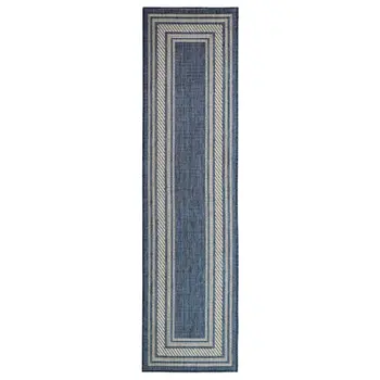 6' Denim Blue And Ivory Geometric Indoor Outdoor Runner Rug