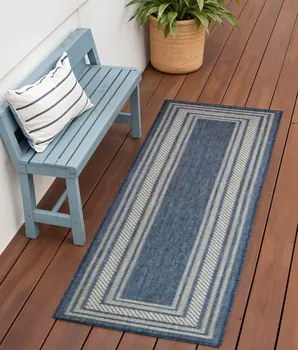 6' Denim Blue And Ivory Geometric Indoor Outdoor Runner Rug