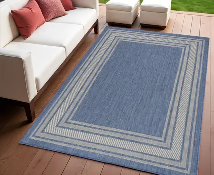 4' X 6' Denim Blue And Ivory Geometric Indoor Outdoor Area Rug