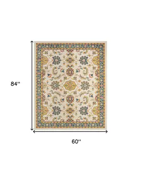 5' X 7' Ivory And Gold Floral Indoor Outdoor Area Rug