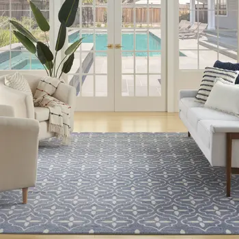 5' X 7' Blue And Ivory Geometric Indoor Outdoor Area Rug