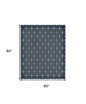5' X 7' Navy Blue And Ivory Geometric Indoor Outdoor Area Rug