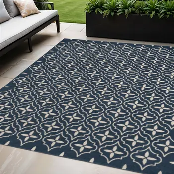 5' X 7' Navy Blue And Ivory Geometric Indoor Outdoor Area Rug