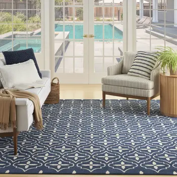 5' X 7' Navy Blue And Ivory Geometric Indoor Outdoor Area Rug