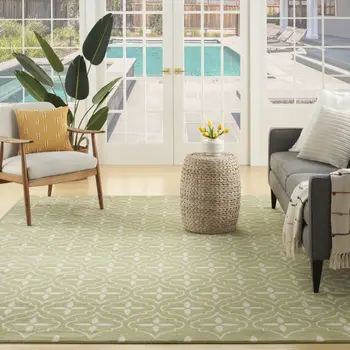5' X 7' Green And Ivory Geometric Indoor Outdoor Area Rug