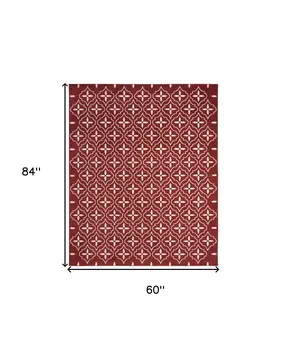 5' X 7' Brick Red And Ivory Geometric Indoor Outdoor Area Rug
