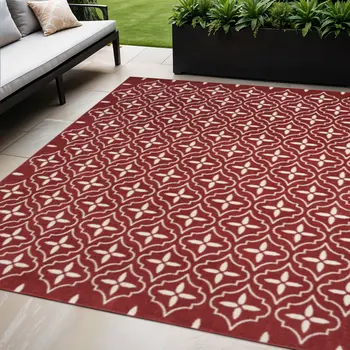 5' X 7' Brick Red And Ivory Geometric Indoor Outdoor Area Rug