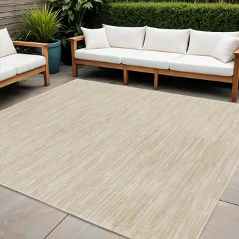 7' Ivory And Gold Square Abstract Indoor Outdoor Area Rug