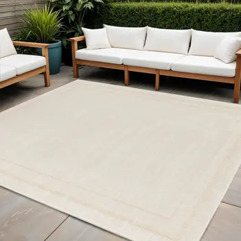 7' Ivory And Gold Square Indoor Outdoor Area Rug