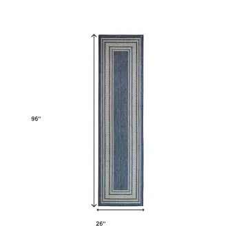 8' Denim Blue And Ivory Geometric Indoor Outdoor Runner Rug