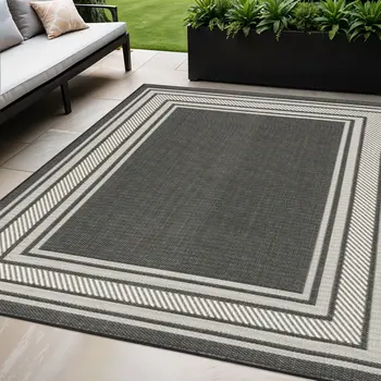 5' X 7' Black Geometric Indoor Outdoor Area Rug