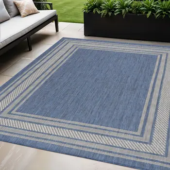 5' X 7' Denim Blue And Ivory Geometric Indoor Outdoor Area Rug
