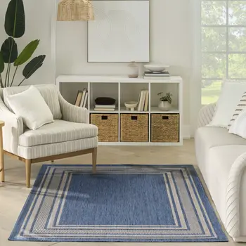 5' X 7' Denim Blue And Ivory Geometric Indoor Outdoor Area Rug