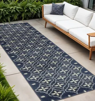 8' Ivory And Navy Blue Geometric Indoor Outdoor Runner Rug