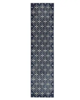 8' Ivory And Navy Blue Geometric Indoor Outdoor Runner Rug