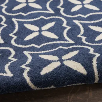 8' Ivory And Navy Blue Geometric Indoor Outdoor Runner Rug