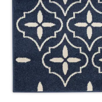 8' Ivory And Navy Blue Geometric Indoor Outdoor Runner Rug