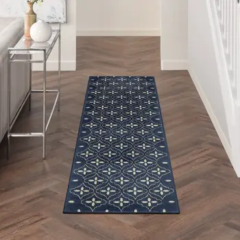 8' Ivory And Navy Blue Geometric Indoor Outdoor Runner Rug