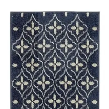 8' Ivory And Navy Blue Geometric Indoor Outdoor Runner Rug