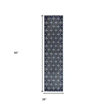 8' Ivory And Navy Blue Geometric Indoor Outdoor Runner Rug