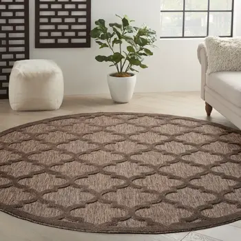 8' Brown Round Geometric Indoor Outdoor Area Rug