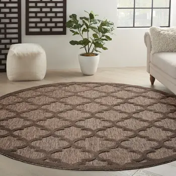 8' Brown Round Geometric Indoor Outdoor Area Rug