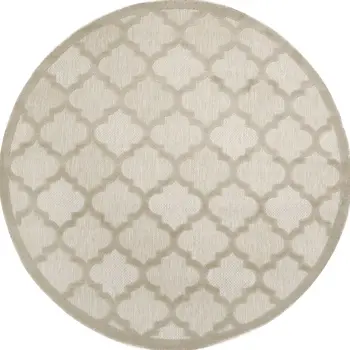 8' Cream Round Geometric Indoor Outdoor Area Rug