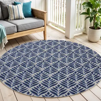 5' Blue Round Floral Indoor Outdoor Area Rug