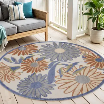5' Beige Round Floral Indoor Outdoor Area Rug