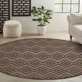 8' Brown Round Geometric Indoor Outdoor Area Rug