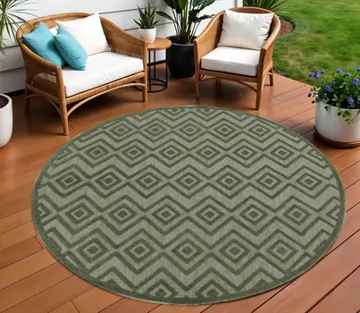 8' Green Round Geometric Indoor Outdoor Area Rug