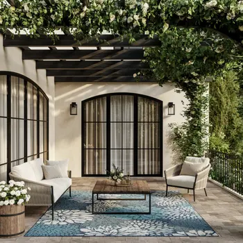 6' X 9' Navy Blue Floral Indoor Outdoor Area Rug