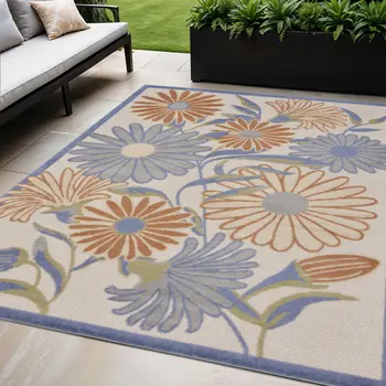 5' X 8' Beige Floral Indoor Outdoor Area Rug
