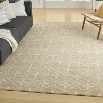 6' X 9' Beige And Ivory Geometric Indoor Outdoor Area Rug